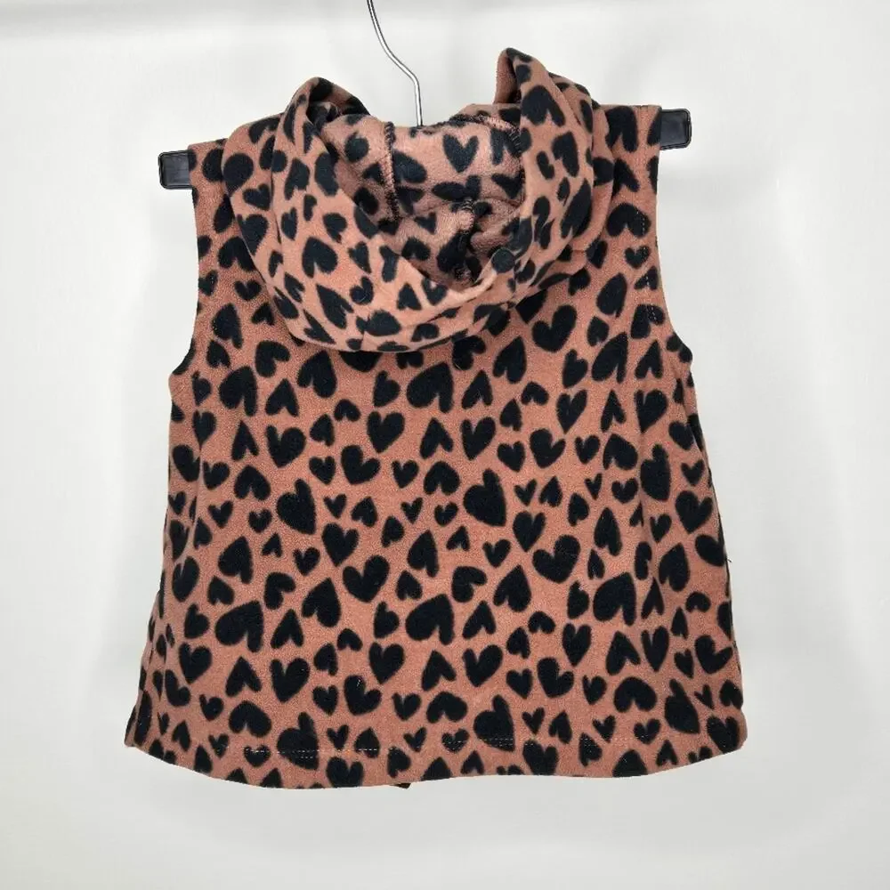 CARTERS Leopard-like Black Heart Print on Brown Fleece Hooded Sleeveless Jacket